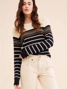 Faherty Organic Cotton Throwback Crew Waffle Knit Pullover Oakland Stripe Small